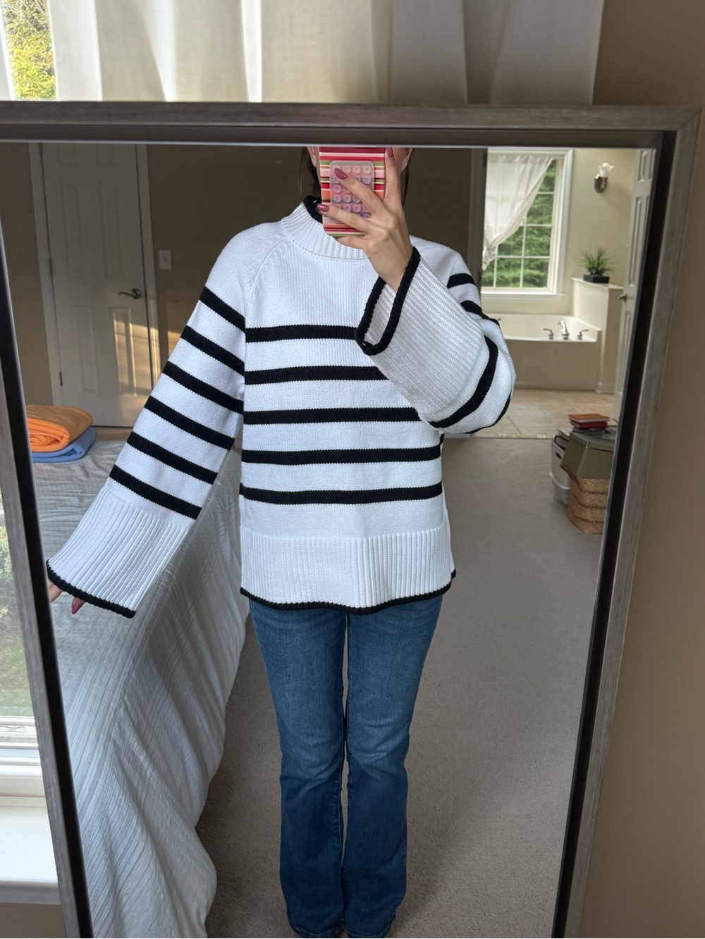 Striped Bell-Sleeve Knit Sweater - White/Black